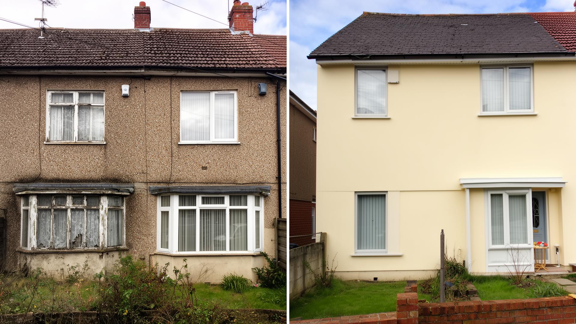 Before and after external wall insulation on a UK house facade