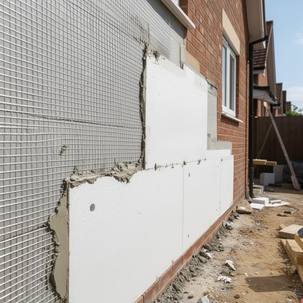 Insulation boards and reinforcement mesh on a UK property